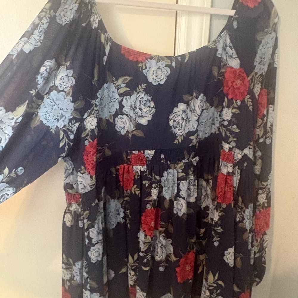 Torrid Navy Floral Blouse with Red and Blue Accents